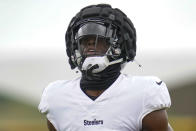 Pittsburgh Steelers wide receiver George Pickens moves from one drill to another during NFL football training camp in Latrobe, Pa., Monday, Aug. 15, 2022. (AP Photo/Keith Srakocic)