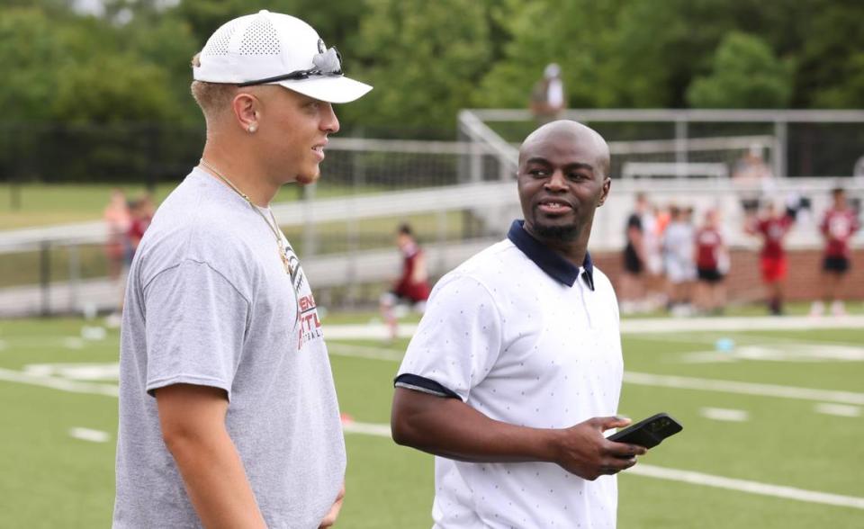 South Carolina quarterback Spencer Rattler speaks with Selwyn Roberts, vice president of branded content for Steinberg Sports, during the Spencer Rattler FlexWork Football Camp at Dreher High School in Columbia on Saturday, May 20, 2023.
