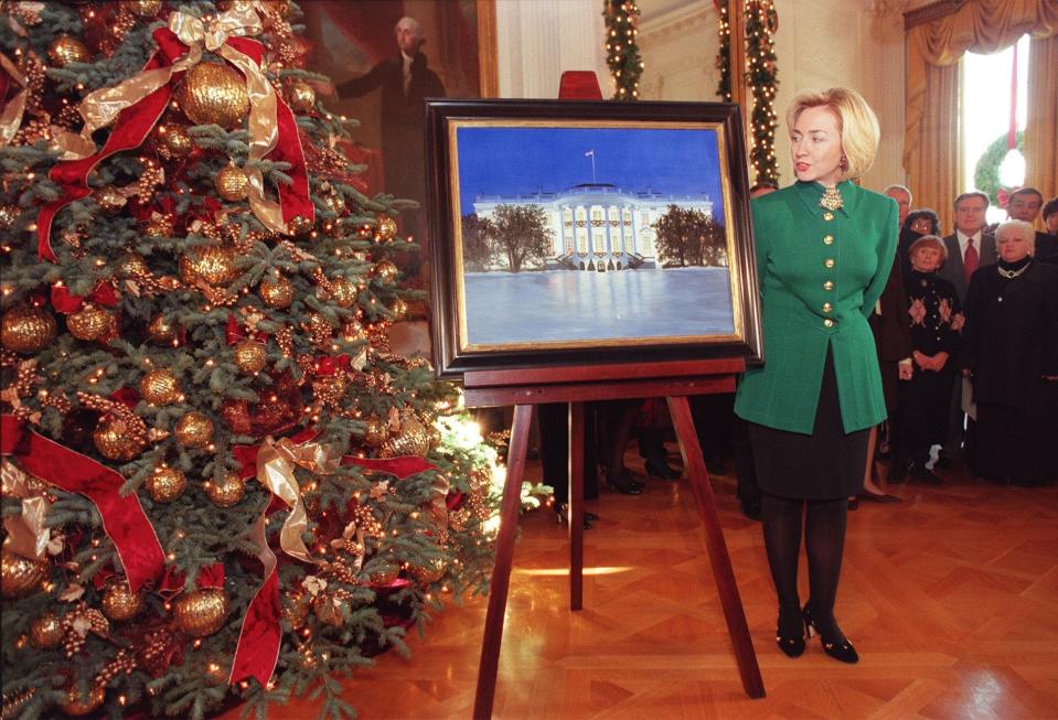 Hillary Clinton shows the White House Christmas decorations in 1997.