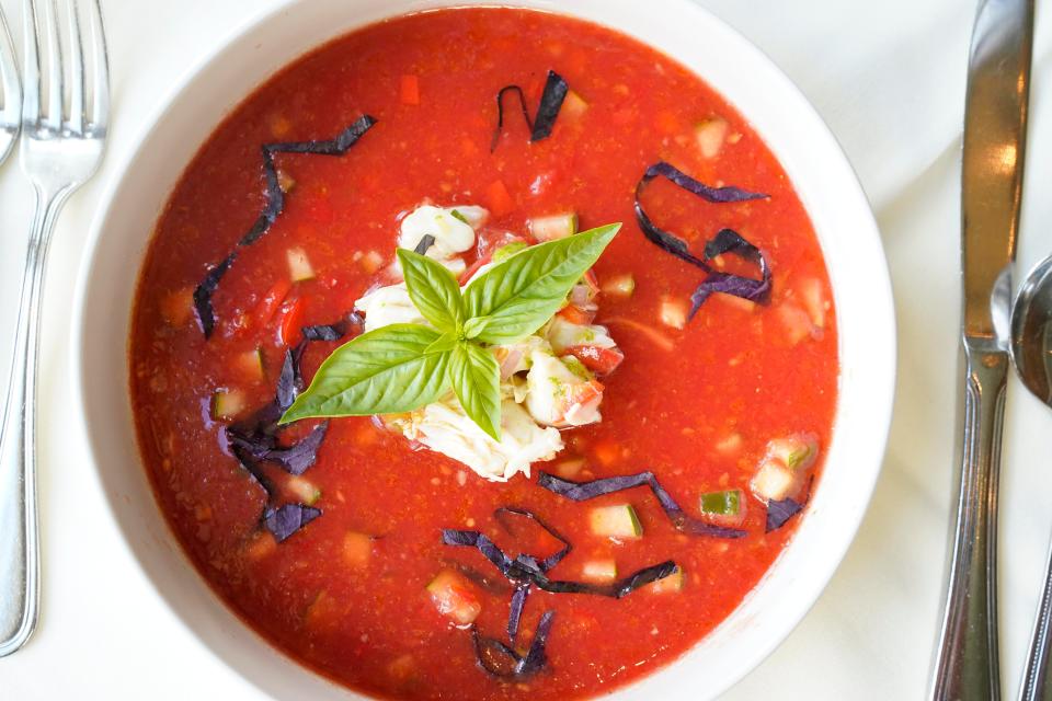 Mevo Farm tomato gazpacho with crab salad at Cafe Panache in Ramsey, photographed on Wednesday, Aug. 16, 2023.