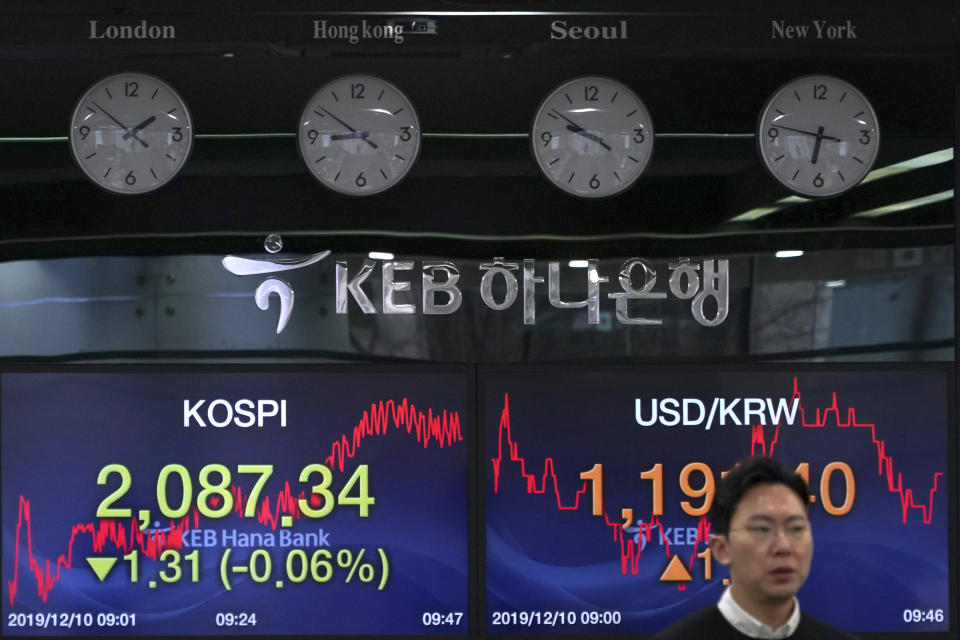 A currency trader walks by the screens showing the Korea Composite Stock Price Index (KOSPI), left, and the foreign exchange rate between U.S. dollar and South Korean won at the foreign exchange dealing room in Seoul, South Korea, Tuesday, Dec. 10, 2019. Asian stock markets have fallen as investors look ahead to interest rate decisions by U.S. and European central bankers and possible American tariff hike on Chinese imports. (AP Photo/Lee Jin-man)