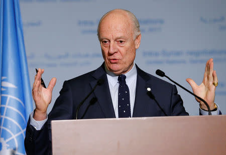 United Nations Special Envoy of the Secretary-General for Syria Staffan de Mistura attends a news conference after meetings during the Intra Syria talks at the European headquarters of the United Nations in Geneva, Switzerland March 24, 2017. REUTERS/Denis Balibouse