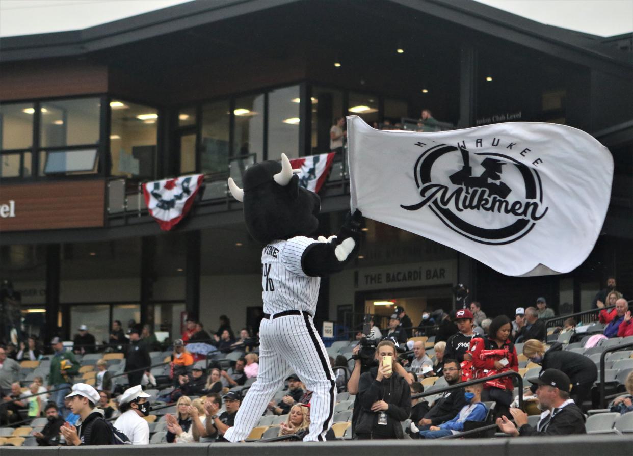 Milwaukee Milkmen mascot Bo Vine fires up the crowd during Game 1 of the American Association Championship Series at Franklin Field on Sept. 12, 2020.