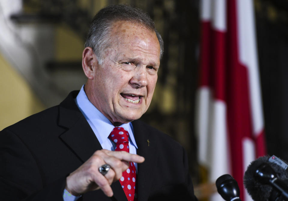 FILE - In this Thursday, June 20, 2019 file photo, Former Alabama Chief Justice Roy Moore announces his run for the Republican nomination for U.S. Senate in Montgomery, Ala. Former Alabama Chief Justice Roy Moore is among the other candidates seeking the GOP nomination for U.S. Senate. (AP Photo/Julie Bennett, File)