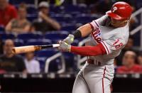 Sep 4, 2018; Miami, FL, USA; Philadelphia Phillies second baseman Cesar Hernandez (16) triples in three runs in the first inning against the Miami Marlins at Marlins Park. Mandatory Credit: Jasen Vinlove-USA TODAY Sports