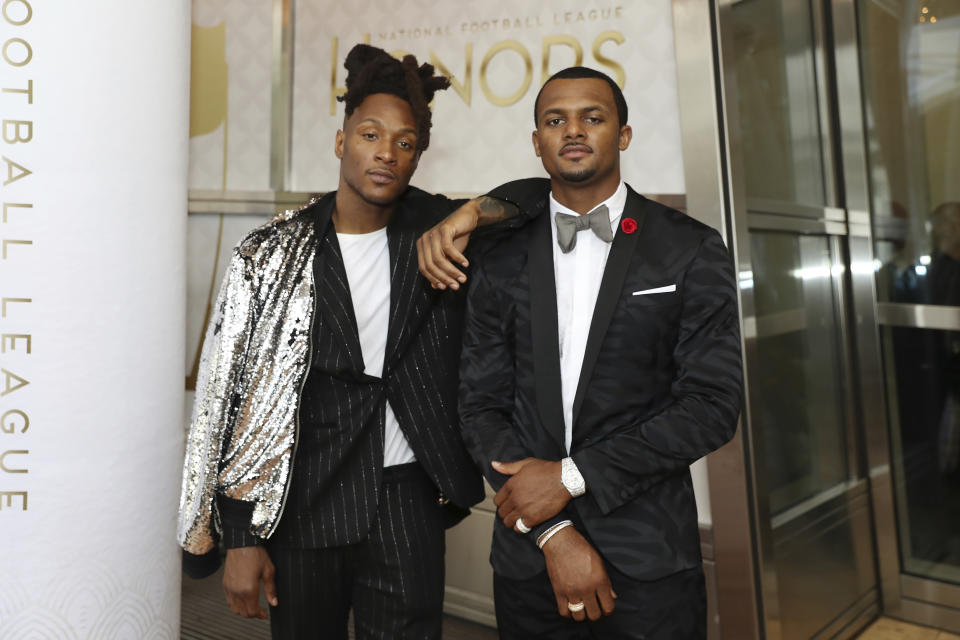 DeAndre Hopkins, left, and Deshaun Watson, both of the Houston Texans, attend the 9th Annual NFL Honors at the Adrienne Arsht Center on Saturday, Feb. 1, 2020, in Miami. (Jeff Lewis/AP Images for NFL)