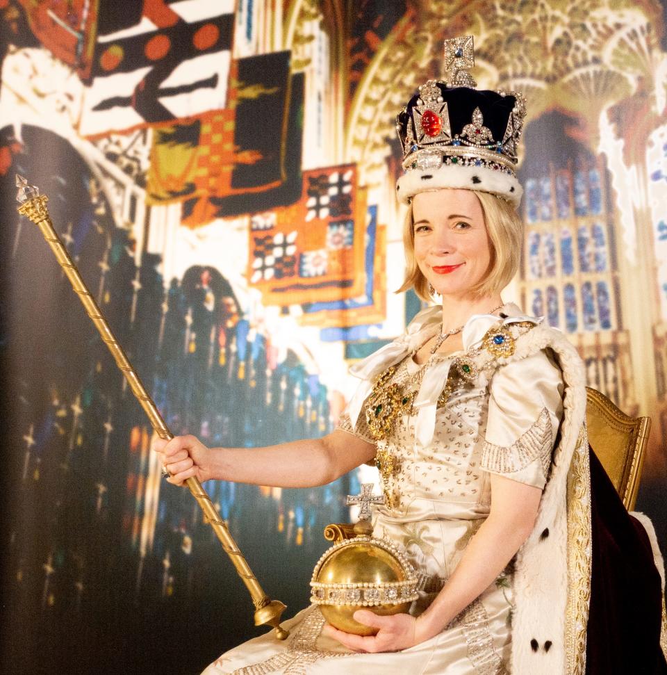 "Queen" Lucy Worsely, British historian, recreates Queen Elizabeth II's iconic coronation portrait (1953) for "Lucy Worsley's Royal Photo Album," airing Aug. 16 on PBS.