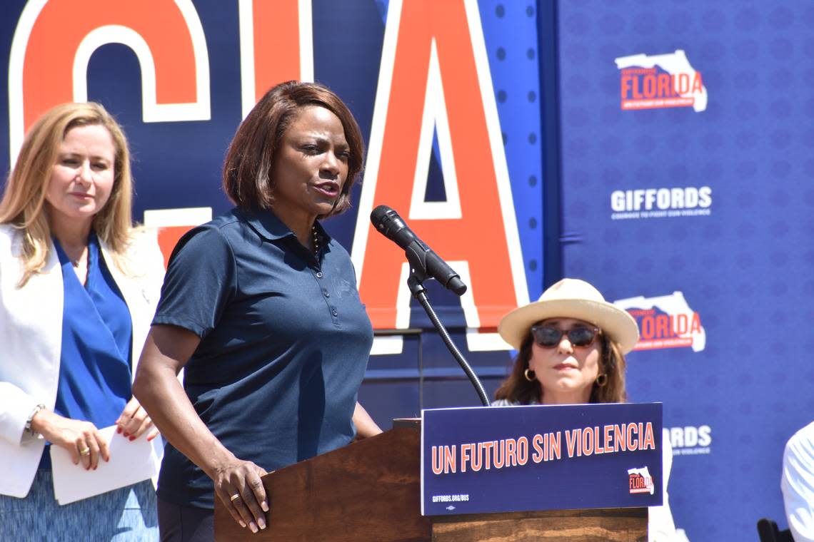 Val Demings, the former Orlando police chief and Democratic nominee hoping to unseat U.S. Sen. Marco Rubio, speaks at a Thursday, Sept. 8, 2022, press conference at Regatta Park.