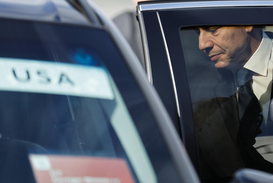 U.S. Secretary of State Antony Blinken gets into a vehicle as he arrives at Yokota Air Base ahead of G7 ministerial meetings in Tokyo, Japan, Tuesday, Nov. 7, 2023. (Jonathan Ernst/Pool Photo via AP)