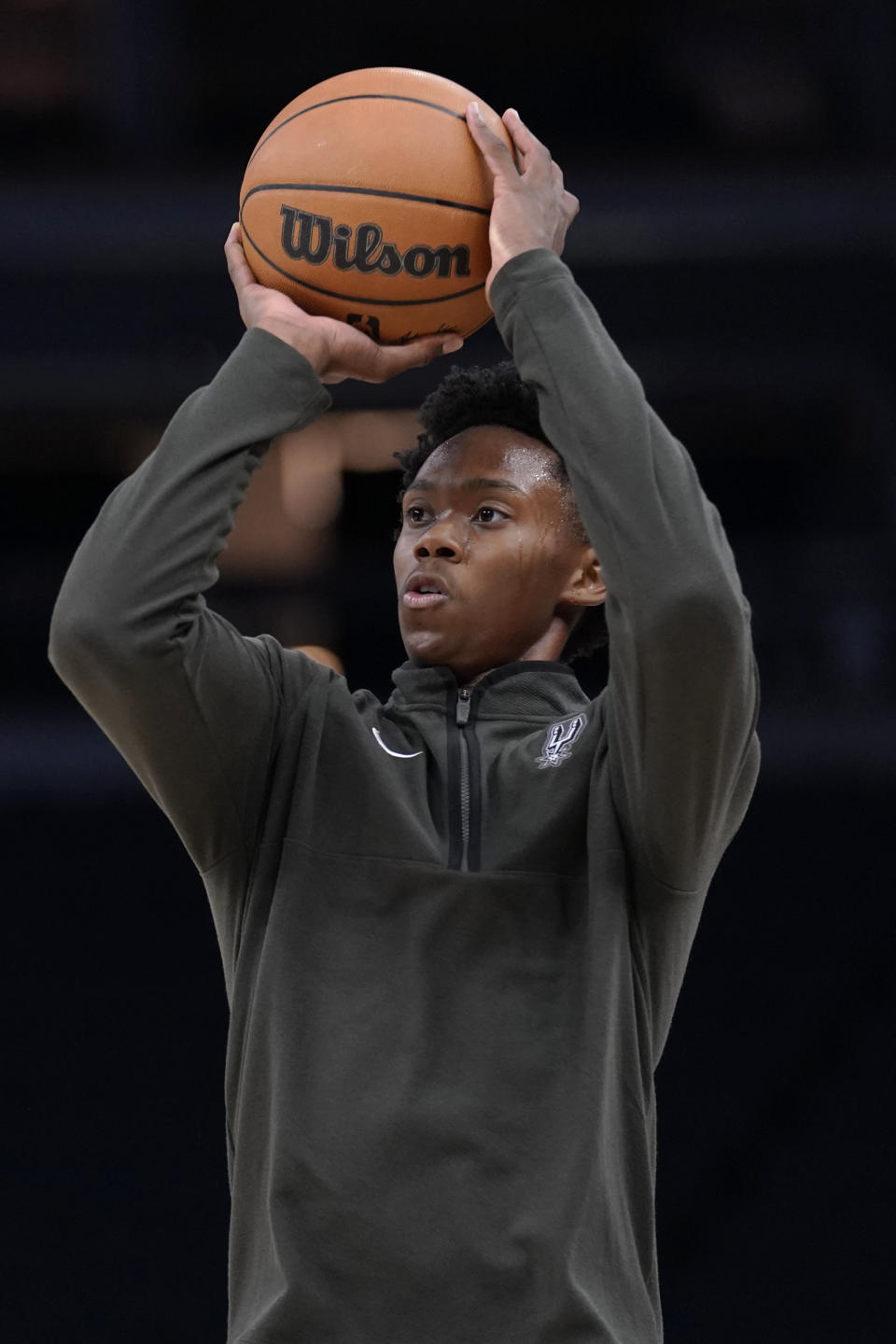 San Antonio Spurs guard Joshua Primo warms up before an NBA basketball game against the Minnesota Timberwolves, Monday, Oct. 24, 2022, in Minneapolis. (AP Photo/Abbie Parr)