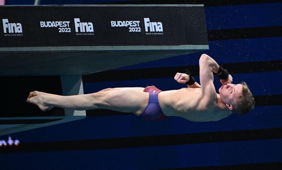 USA's Josh Hedberg competes during the semifinals of the men's 10m platform diving event at the Duna Arena in Budapest on July 2, 2022.