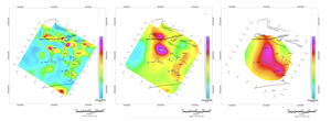 Chargeability plan views at approximate vertical depths of 105 m, 205 m and 305 m