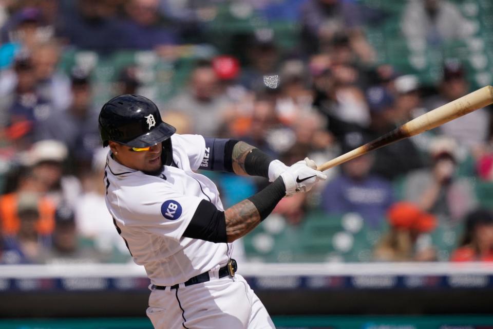 Tigers' Javier Baez connects for a two-run single during the fifth inning in the first game of a doubleheader against the Pirates, Wednesday, May 4, 2022, in Detroit.