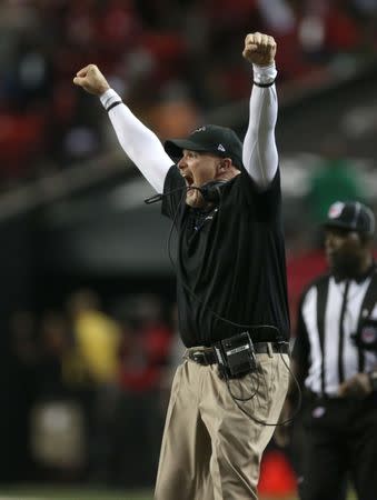 FILE PHOTO: Sep 14, 2015; Atlanta, GA, USA; Atlanta Falcons head coach Dan Quinn reacts on the sideline against the Philadelphia Eagles in the second quarter at the Georgia Dome. Mandatory Credit: Jason Getz-USA TODAY Sports / Reuters Picture Supplied by Action Images