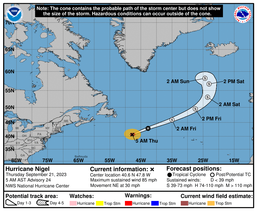 The latest predicted path of Hurricane Nigel (NHC)