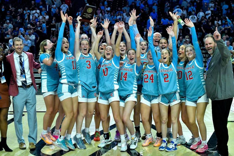 The Charlotte Catholic Cougars celebrateafter their victory over Watauga in the NCHSAA 4A West Regional Final. Charlotte Catholic and Watauga met in the NCHSAA 4A West Regional Championship game in Winston-Salem, N.C. on March 14, 2024.