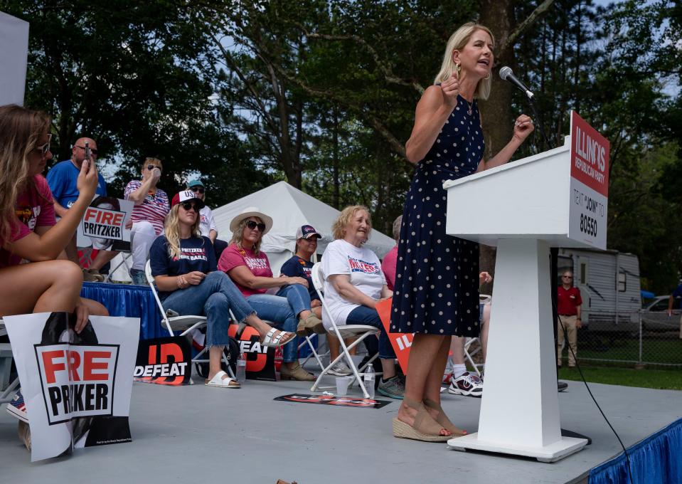 U.S. Rep. Mary Miller, R-Ill., delivers her remarks during Republican Day at the Illinois State Fair on the Director’s Lawn at the Illinois State Fairgrounds in Springfield, Ill., Thursday, August 19, 2021. [Justin L. Fowler/The State Journal-Register] 