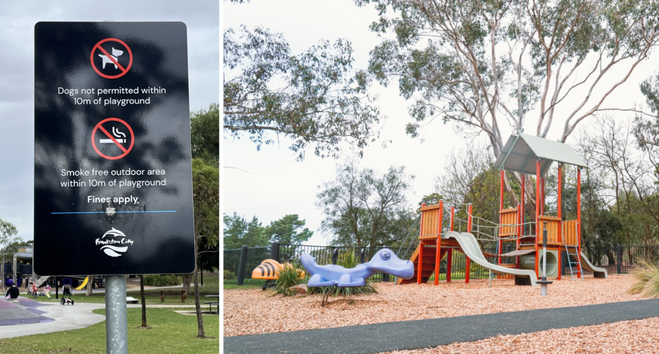 A sign that prohibits dogs from playgrounds, beside an image of Overton Park in Frankston. 