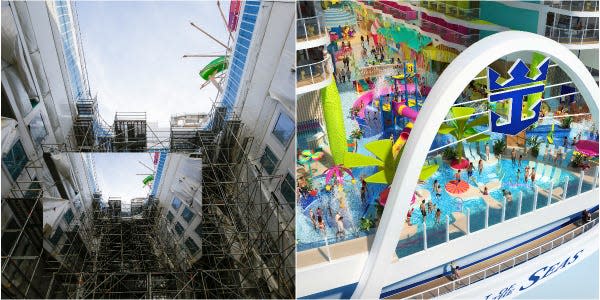 A collage of Royal Caribbean's Icon of the Seas's Surfside water park and Royal Caribbean’s rendering of the space.
