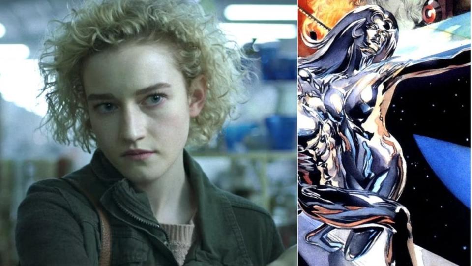 A side by side collage of Julia Garner and Shalla-Bal for the Silver Surfer in The Fantastic Four movie