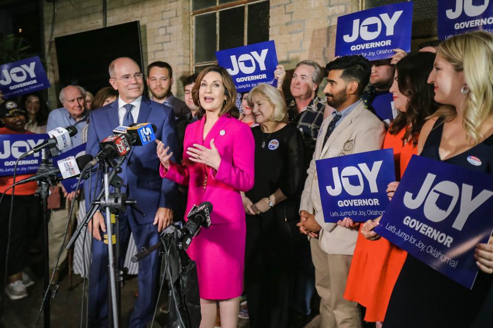Democratic gubernatorial candidate Joy Hofmeister talks to the media after calling the election for herself at her watch party on June 28, 2022, at Rococo Restaurant & Bar in Oklahoma City. NATHAN J FISH/THE OKLAHOMAN