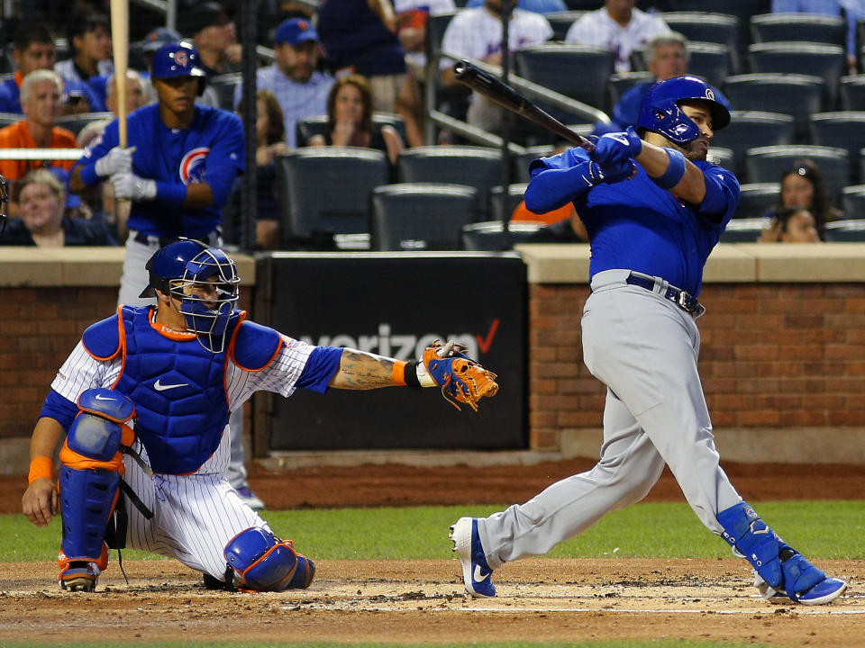 Aug 29, 2019; New York City, NY, USA; Chicago Cubs first baseman Victor Caratini (7) hits a solo home run against the New York Mets during the second inning at Citi Field. Mandatory Credit: Andy Marlin-USA TODAY Sports