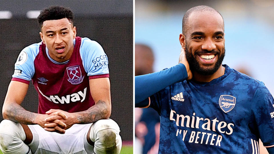 West Ham's Jesse Lingard (pictured left) crouching in despair and Arsenal's Alexandre Lacazette's (pictured right) celebrating after his goal.