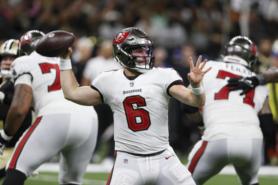 Tampa Bay Buccaneers quarterback Baker Mayfield (6) looks to pass in the second half of an NFL football game against the New Orleans Saints, in New Orleans, Sunday, Oct. 1, 2023. (AP Photo/Butch Dill)
