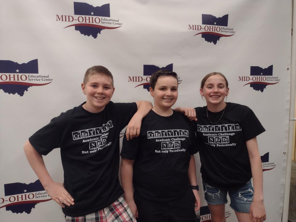 Crestview Team with members, left to right, Carter Blum, Titus Kelley and Zoe Kuhn emerged the winner of the sixth grade Academic Challenge.