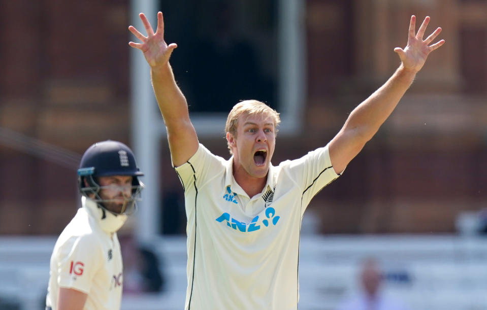 <p>New Zealand's Kyle Jamieson successfully appeals for the wicket of England's Dom Sibley during day two of the first LV= Insurance Test match at Lord's, London. Picture date: Thursday June 3, 2021.</p>
