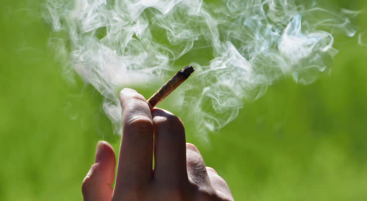 photo of a hand holding a marijuana joint that is smoking against a green outdoor background