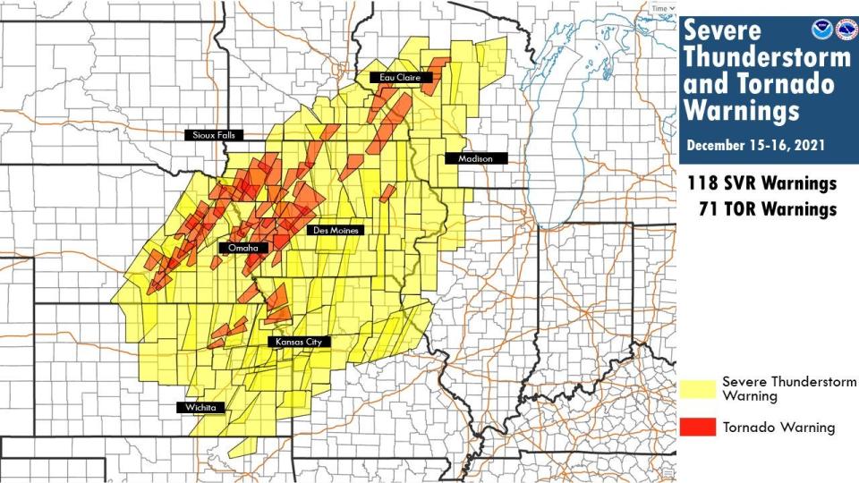 There were 118 severe thunderstorm and 71 tornado warnings across Oklahoma, Kansas, Nebraska, Missouri, Wisconsin, Illinois and Iowa from a powerful thunderstorm system on Wed. Dec. 15, 2021 and Thurs. Dec. 16, 2021.