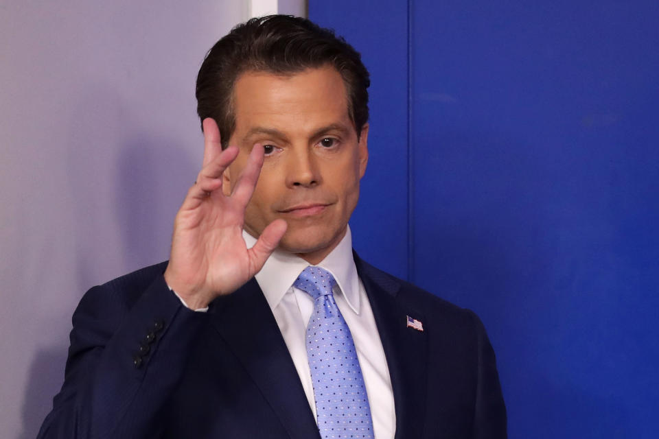 Scaramucci&nbsp;waves during&nbsp;the daily White House press briefing&nbsp;on July 21, 2017.