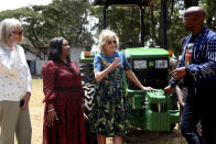 U.S. first lady Jill Biden, center, visits Hello Tractor, an organization connecting tractor owners and smallholder farmers, in Nairobi, Kenya, Saturday, Feb. 25, 2023. (AP Photo/Brian Inganga)