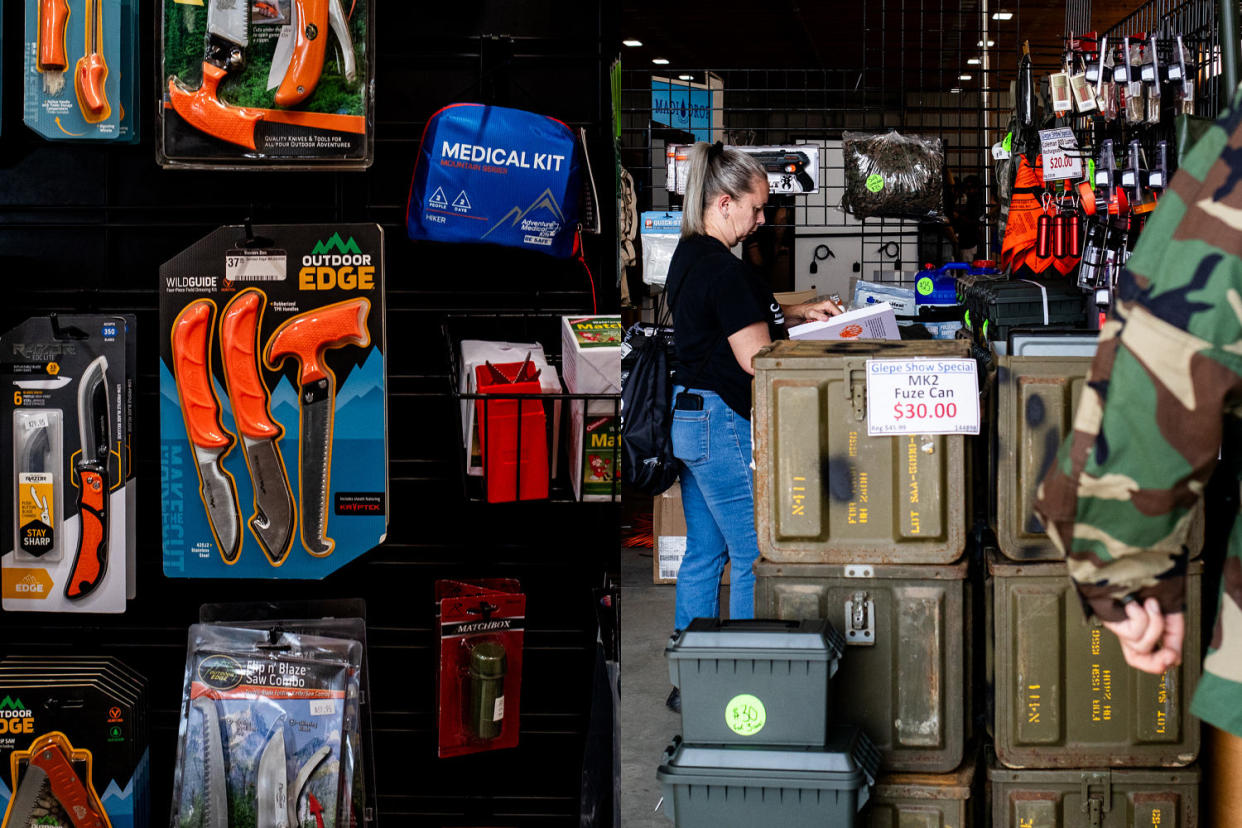 Outdoor safety and camping gear for sale (left) at the Great Lakes Emergency Preparedness Expo in Imlay City, Mich., on Sept. 14; an attendee (right) looks at safety gear and other equipment for sale at a vendor’s booth. (Emily Elconin for NBC News)