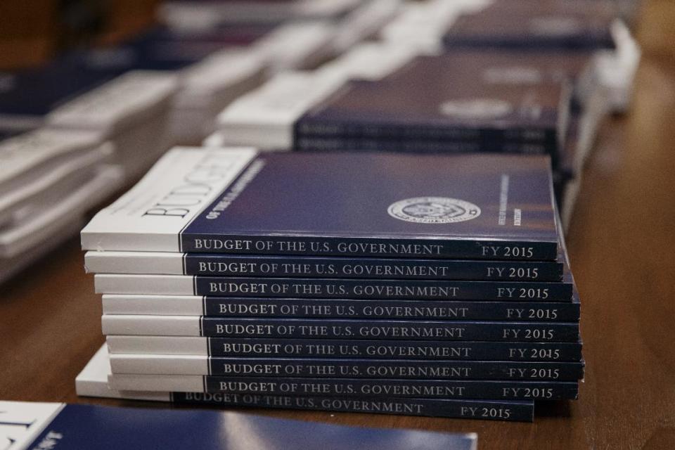 Copies of President Barack Obama’s proposed budget for fiscal 2015 are set out for distribution by the Senate Budget Committee, on Capitol Hill in Washington, Tuesday, March 4, 2014. (AP Photo/J. Scott Applewhite)