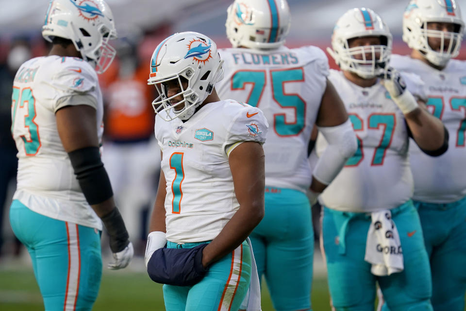 Miami Dolphins quarterback Tua Tagovailoa (1) during the second half of an NFL football game against the Denver Broncos, Sunday, Nov. 22, 2020, in Denver. (AP Photo/David Zalubowski)