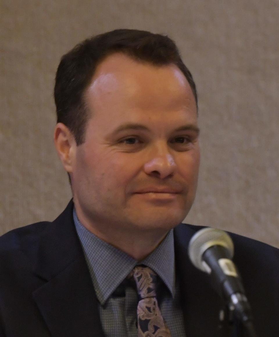 Eric Lesser participates in a forum at the Beechwood Hotel on Monday.