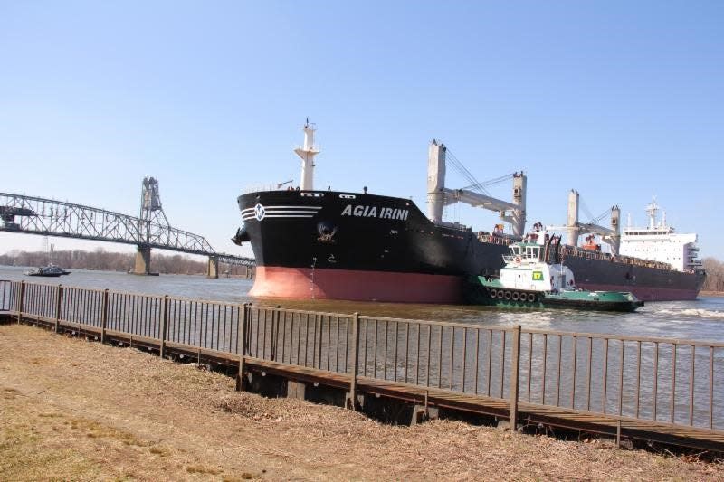 April 2, 2015: the Liberian-flagged cargo vessel Agia Irini runs around at Burlington City, New Jersey. Like the ship Dali in Baltimore that took out the Francis Scott Key Bridge, the Agia lost power. It's crew drove the 623 foot long ship into the riverbank to keep from striking the piers holding up the Burlington-Bristol Bridge, pictured in the background.