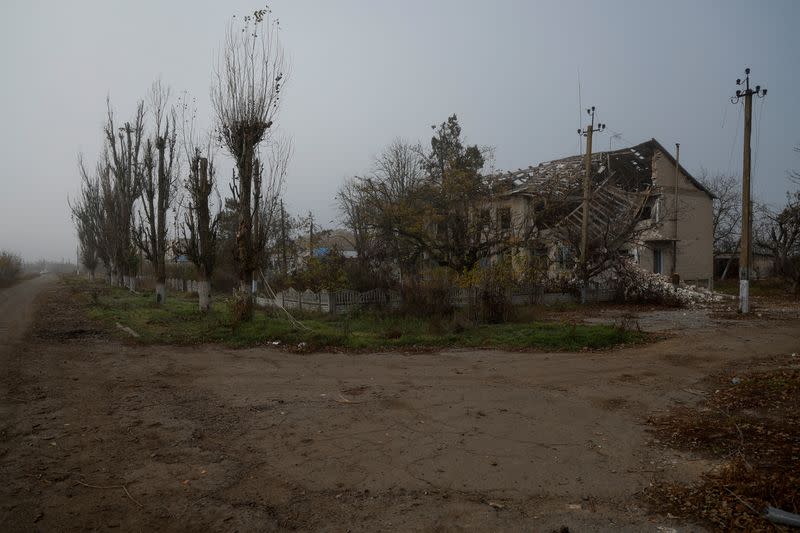 View shows a building destroyed during a Russian military attack in a village near Shihurivka