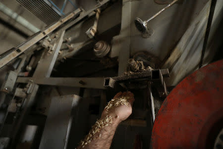 A man holds wheat grains inside a wheat storage in Qamishli, Syria September 18, 2017. Picture taken September 18, 2017. REUTERS/Rodi Said