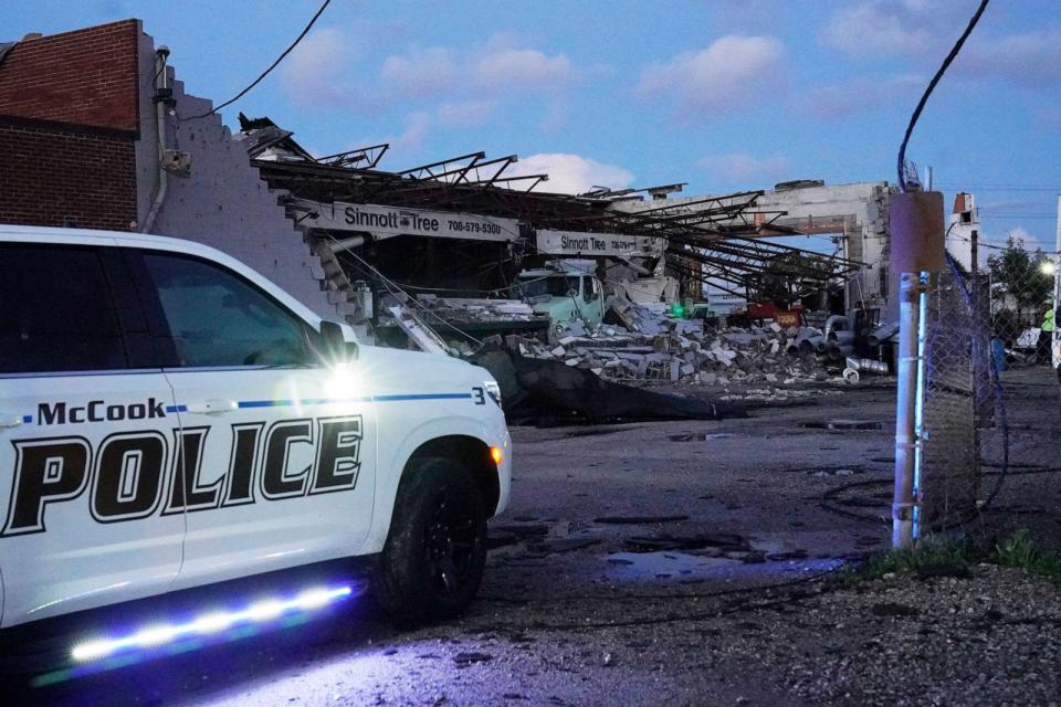 PHOTO: Damage is seen to the Sinnott Tree Service building in McCook, Illinois, on July 12, 2023, as the National Weather Service issued multiple tornado warnings in the Chicago area. (Nam Y. Huh/AP)