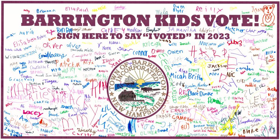 A kids vote banner in Barrington, signed by all the students who voted Tuesday, March 28, 2023.