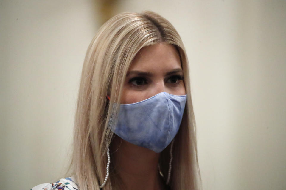 Ivanka Trump arrives for a signing ceremony for H.R. 1957 – "The Great American Outdoors Act," in the East Room of the White House, Tuesday, Aug. 4, 2020, in Washington. (AP Photo/Alex Brandon)