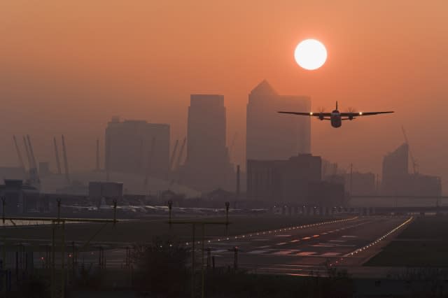 UK, England, London, Docklands, London City Airport at dusk