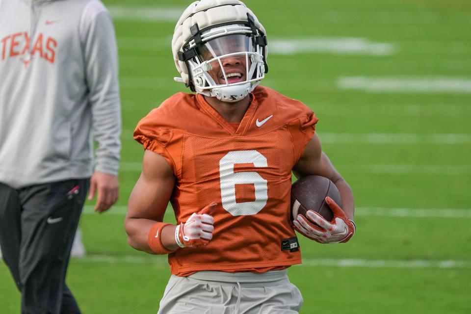 Texas Longhorns running back Christian Clark during football spring practice at the Frank Denius practice fields in Austin, Tuesday, March 19, 2024.