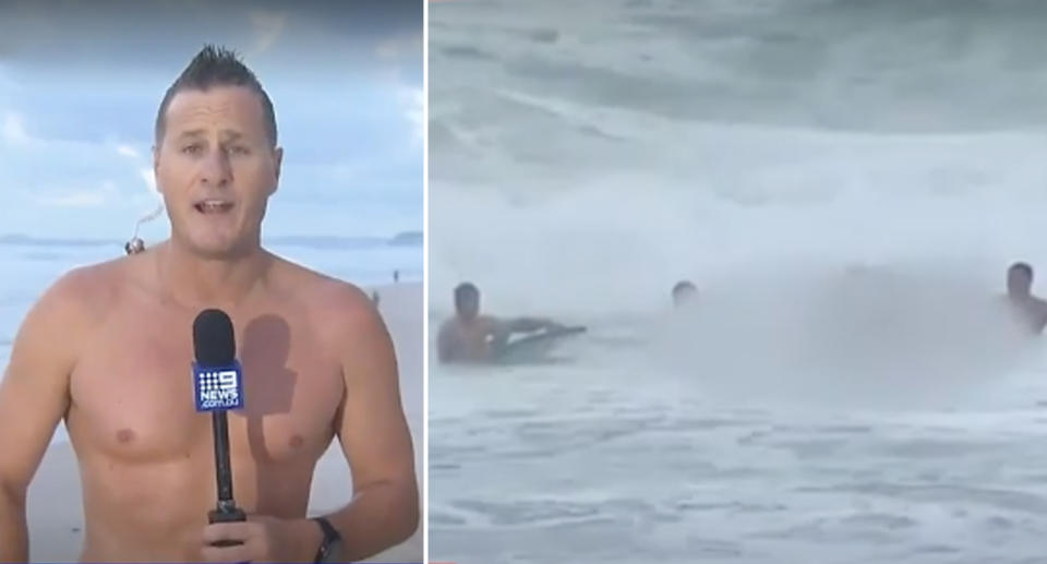 Nine News weatherman Luke Bradnam shirtless after helping to pull in a swimmer struggling in the water