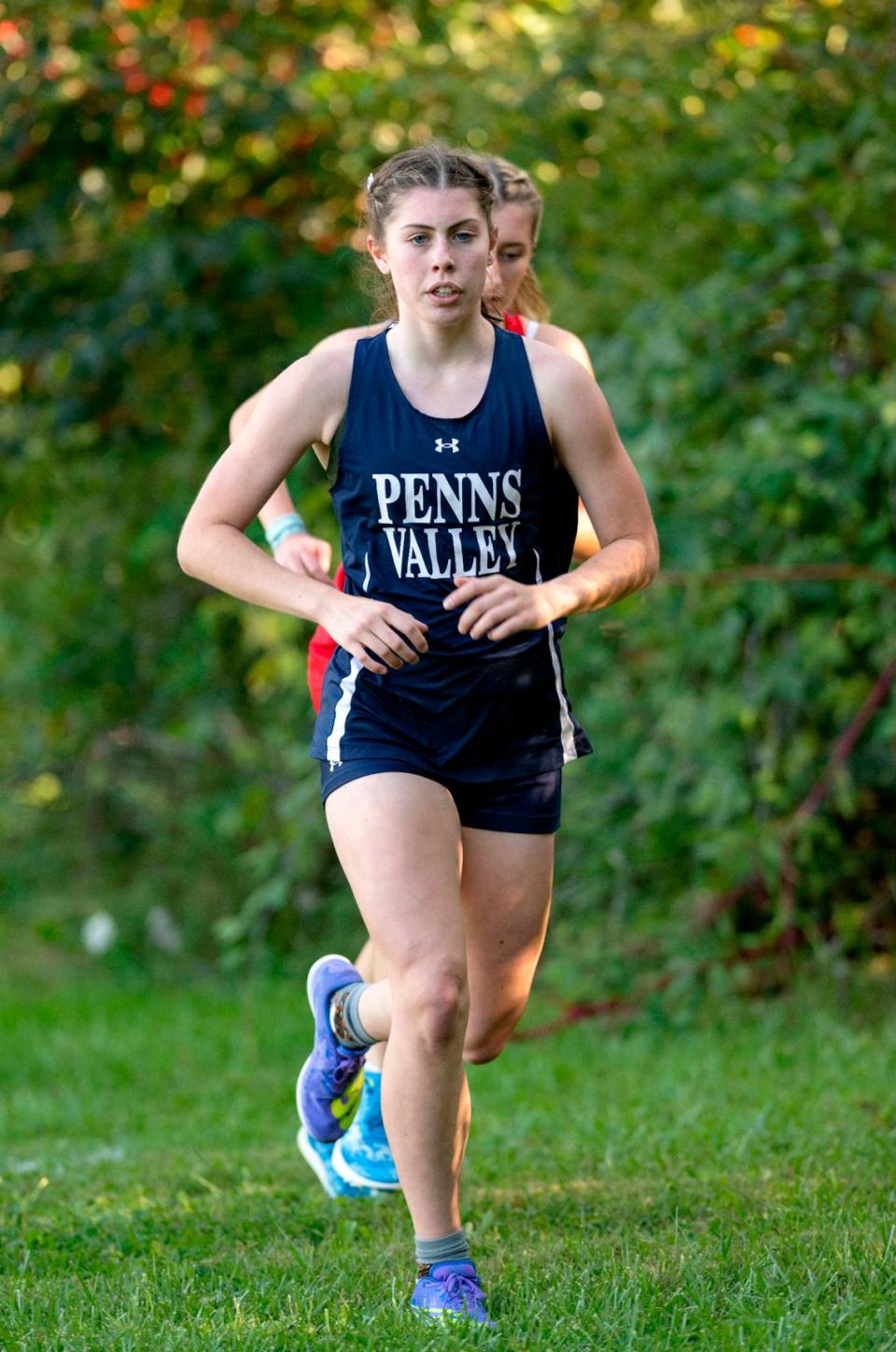 Penns Valley’s Ayva Fetterolf makes her way up a hill during the cross country meet against Bellefonte on Wednesday, Sept. 27, 2023 at Governor’s Park.