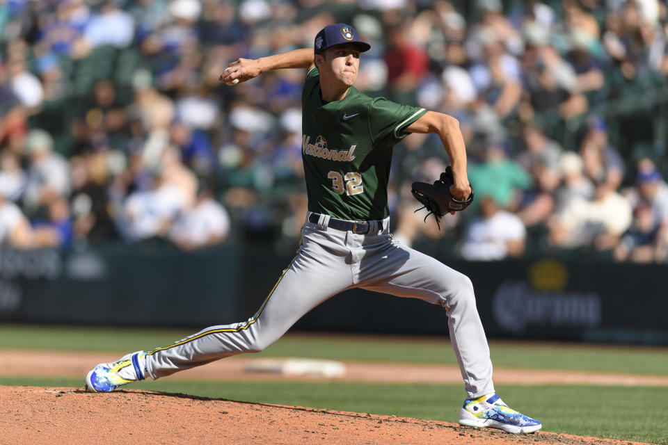 Milwaukee Brewers' Jacob Misiorowski throws during the fourth inning of the All-Star Futures baseball game Saturday, July 8, 2023, in Seattle. (AP Photo/Caean Couto)