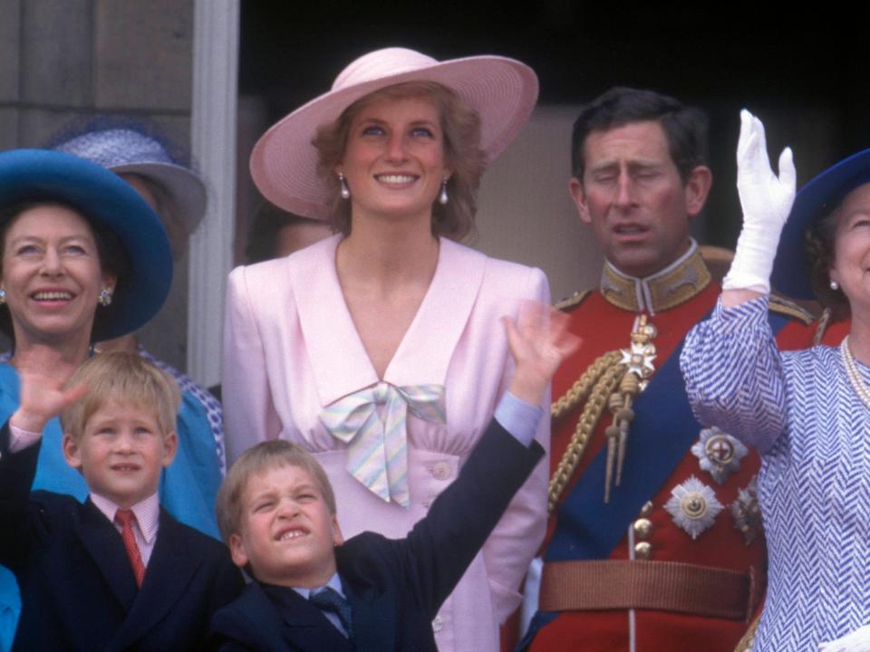 Prince Harry, Princess Diana, Prince William, and Prince Charles at Trooping the Colour 1989.